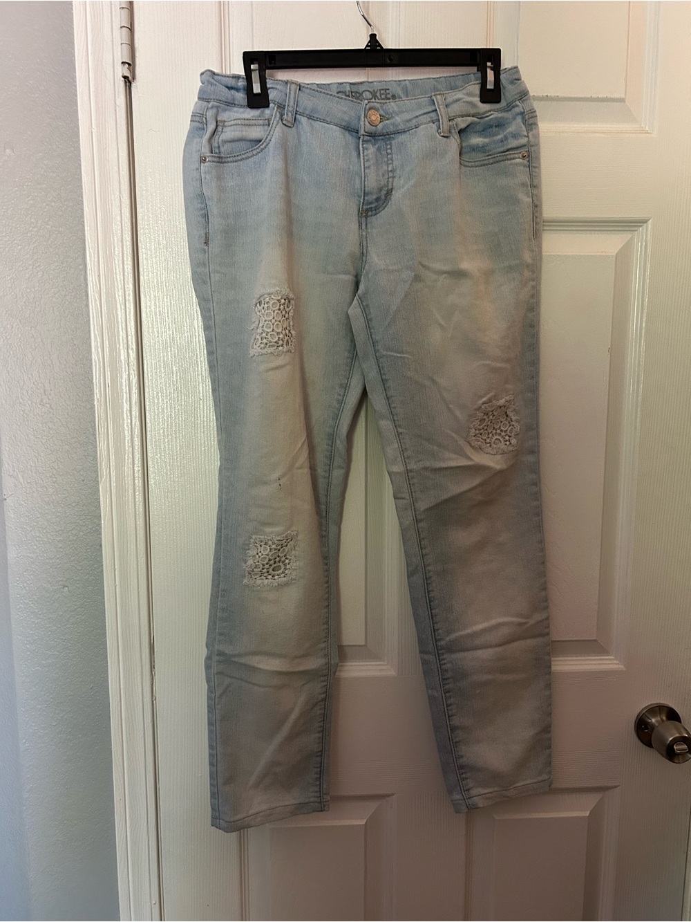 Cherokee Light Blue Skinny Jeans with Crochet Patch Accents